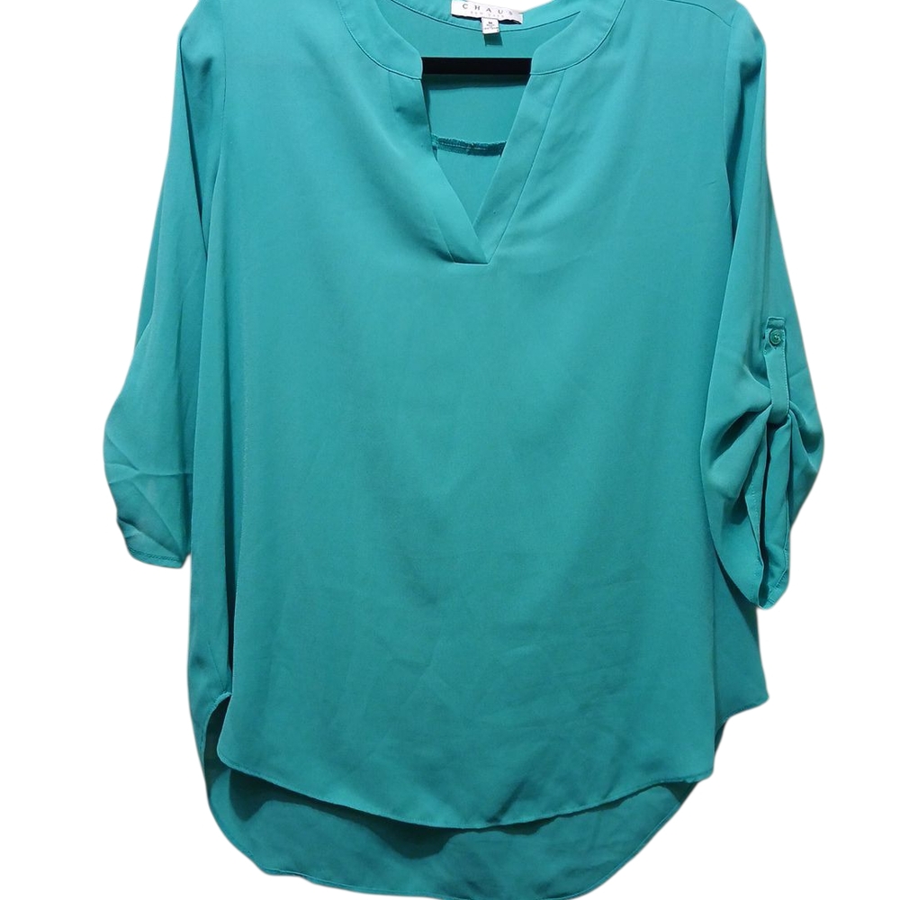 Chaus Turquoise V-Neck Blouse with Button Sleeves